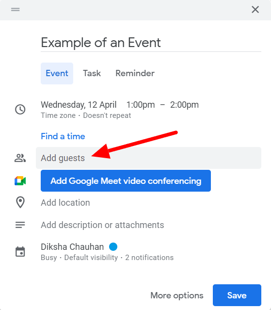 The Add guests field in a new calendar event is highlighted.