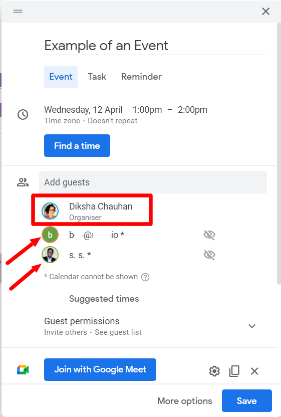 The event guest list shows the organizer and two added guests.
