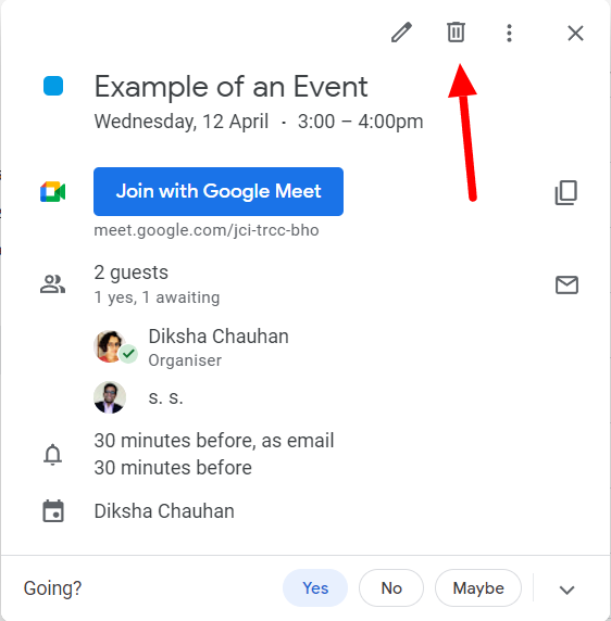 The event's Delete trash icon is highlighted.