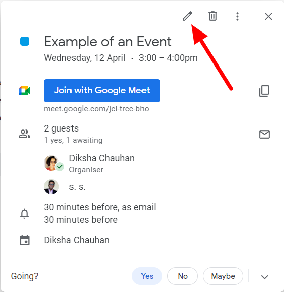 The event's Edit pencil icon is highlighted.
