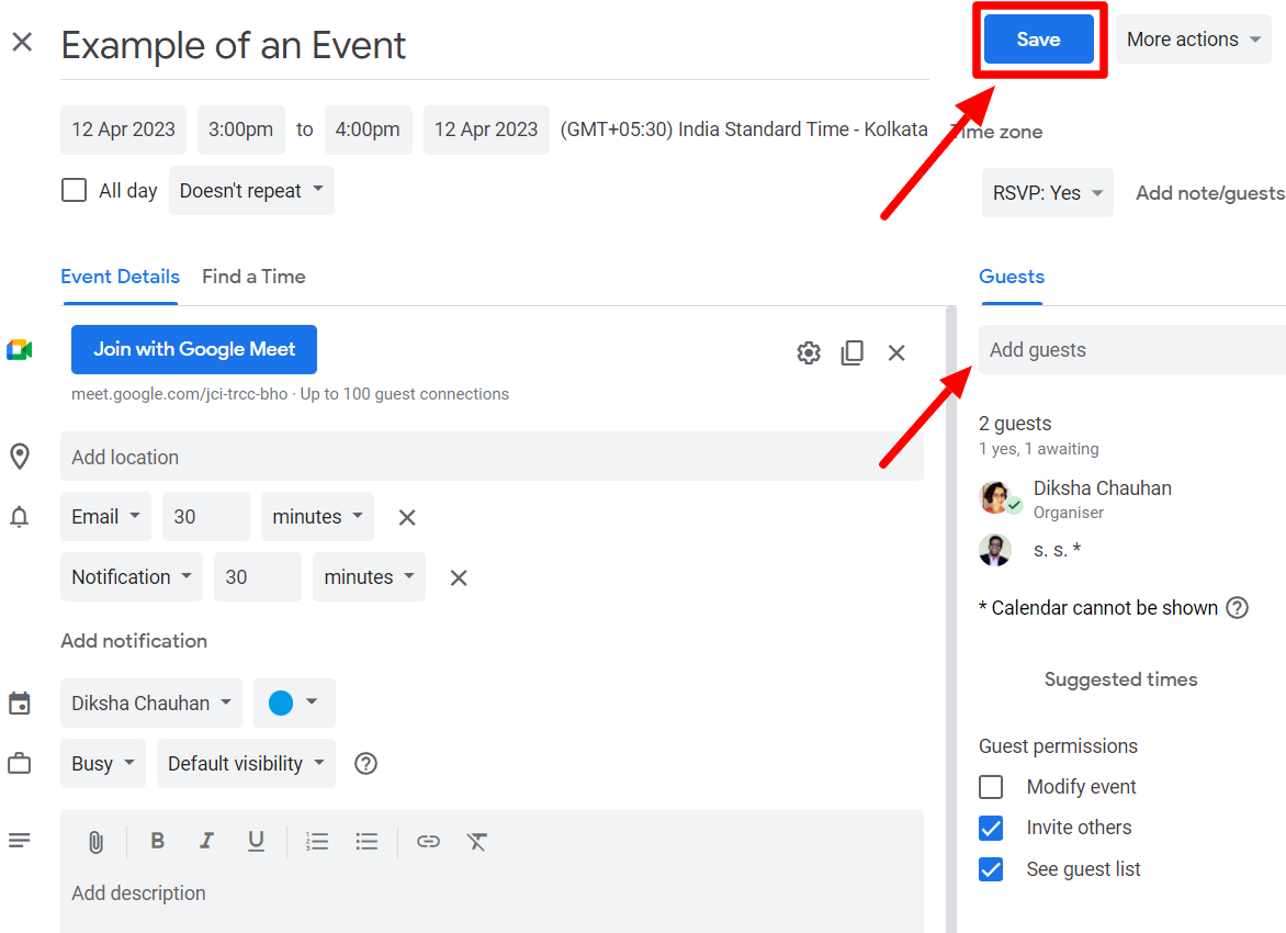 The full event editor highlights Add guests and the Save button.