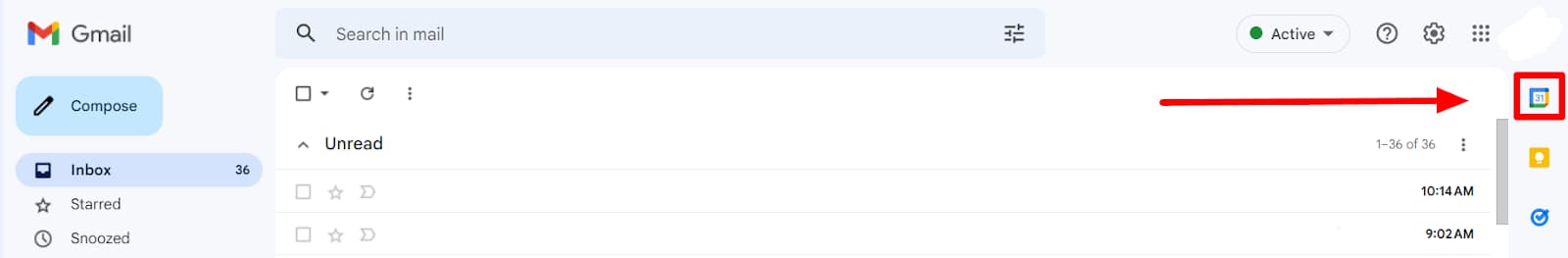 The Google Calendar icon in Gmail's right sidebar is highlighted.