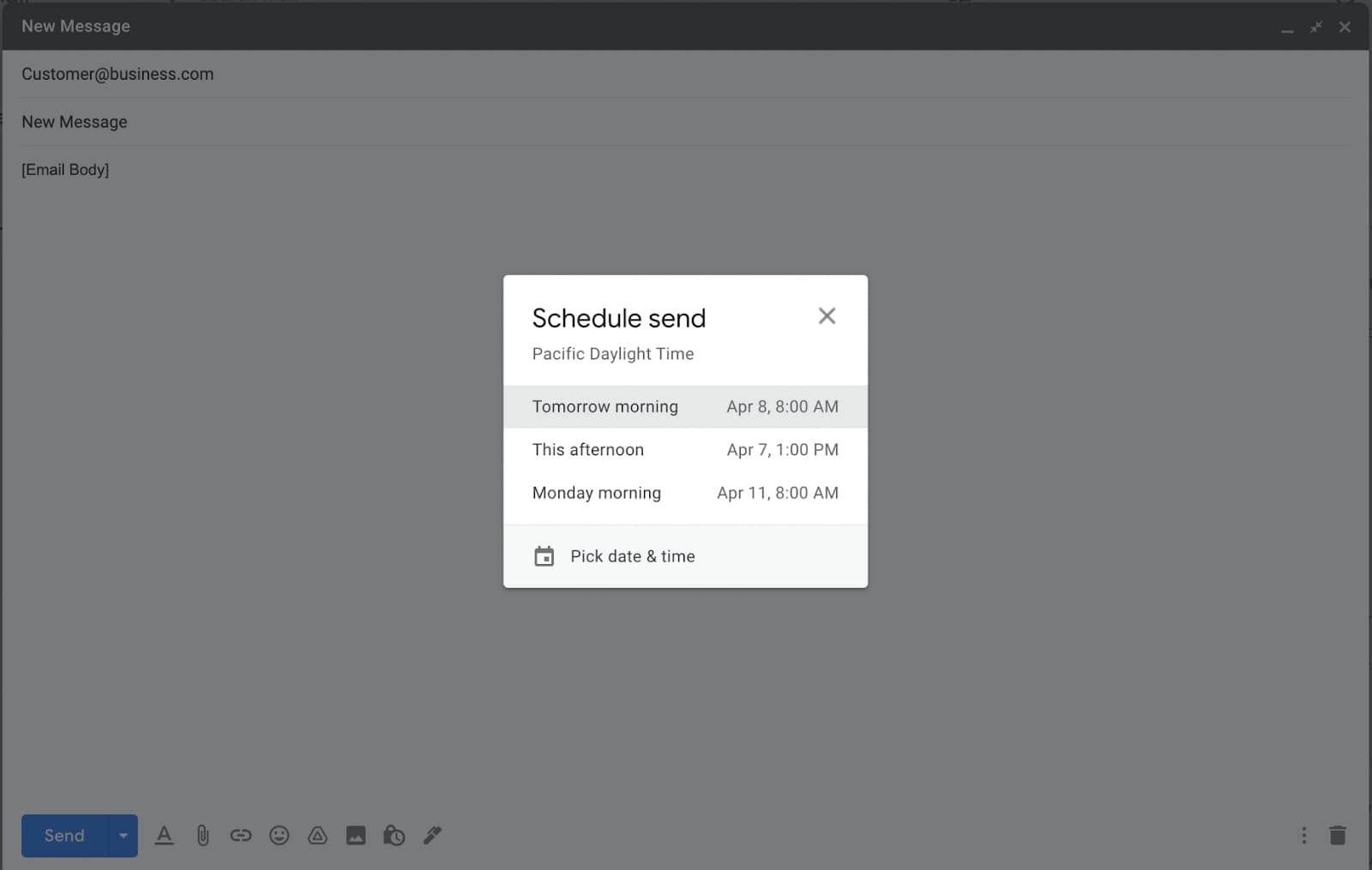 Gmail's Schedule send dialog with suggested times and the Pick date & time option.