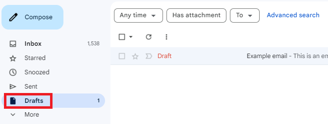 The Drafts folder highlighted in Gmail, showing the unsent message.