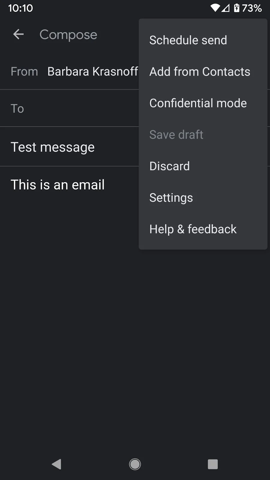 The Gmail Android app's compose menu with Schedule send at the top.