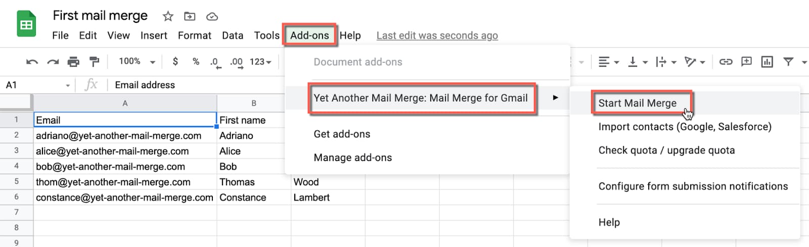 The Google Sheets menu path Add-ons, Yet Another Mail Merge, Start Mail Merge.