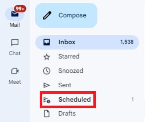 The Scheduled folder highlighted in Gmail's left sidebar.