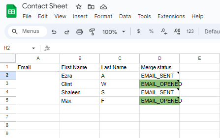 YAMM contact sheet with EMAIL_SENT and EMAIL_OPENED values in the Merge status column.