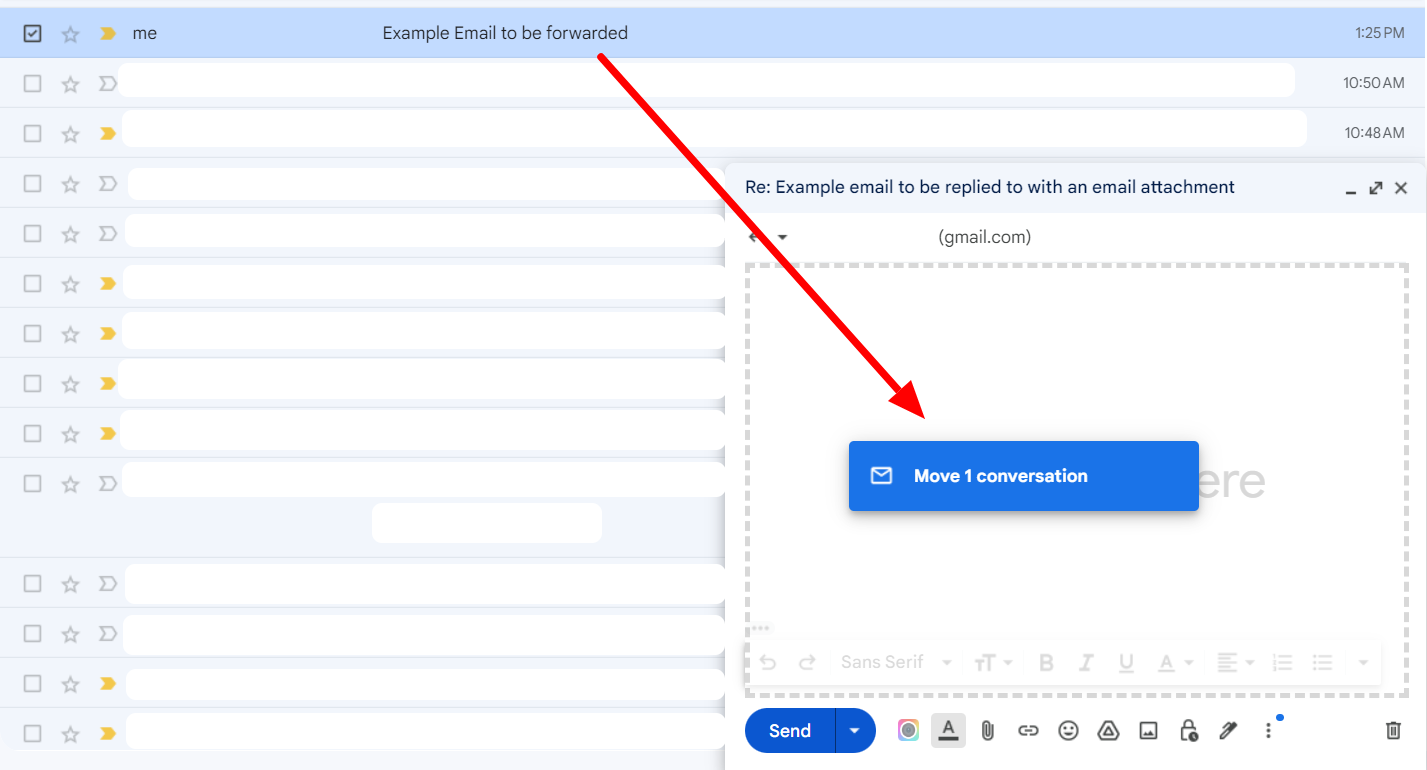 Dragging an inbox message into the separate reply window to attach it.