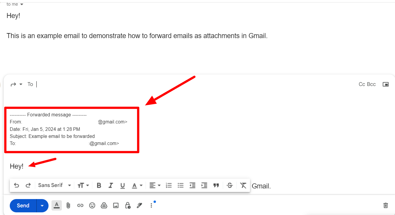 Forwarded message headers and the quoted greeting are highlighted for editing.