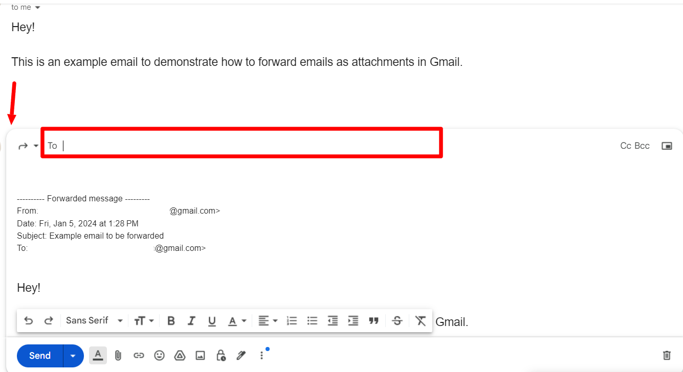 The recipient field in the forwarding composer is highlighted.