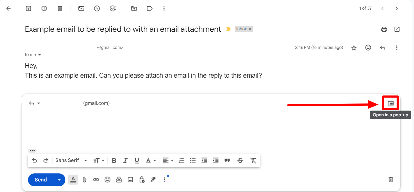 The reply editor's Open in a pop-up icon is highlighted.