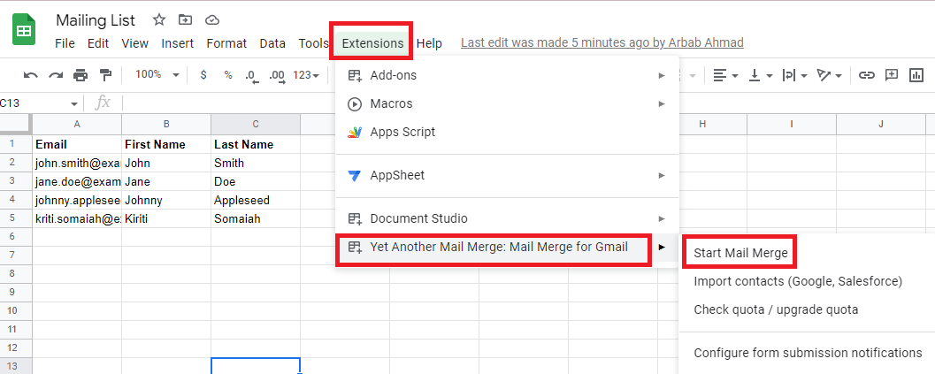 Google Sheets Extensions menu with Yet Another Mail Merge and Start Mail Merge highlighted.
