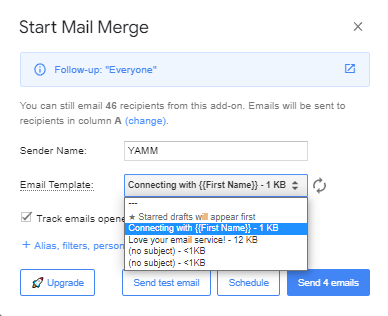 YAMM Start Mail Merge dialog with the email-template dropdown open.