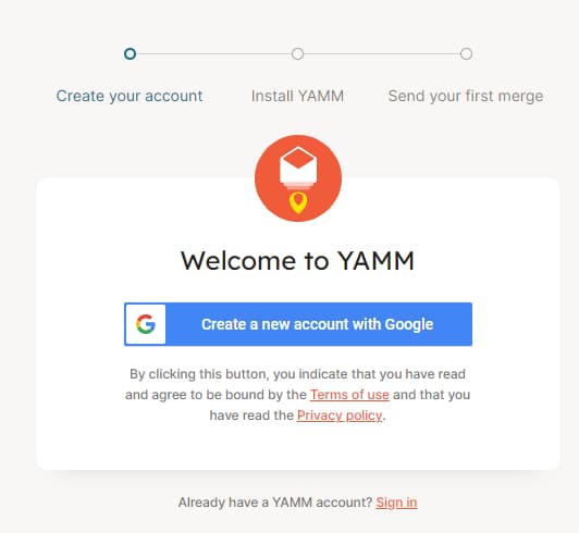 YAMM welcome screen with a Create a new account with Google button.