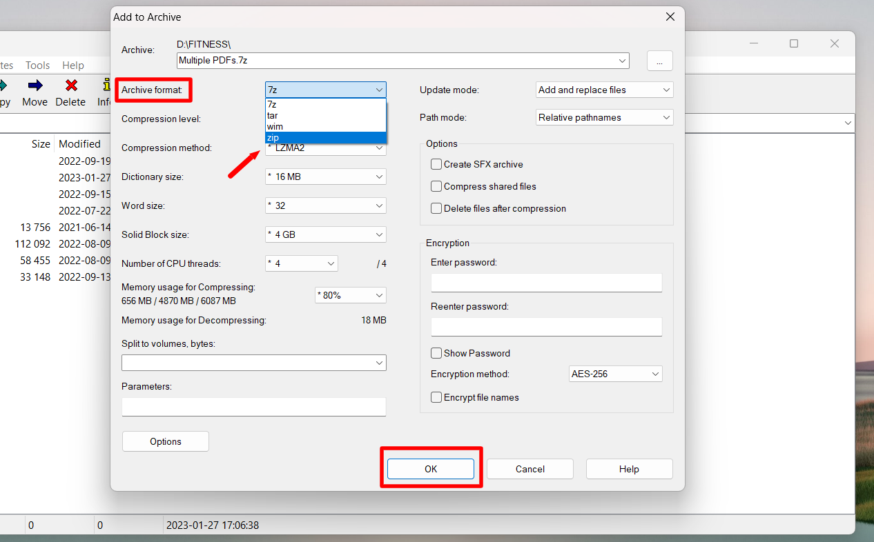 7-Zip's Add to Archive dialog with zip selected as the archive format.