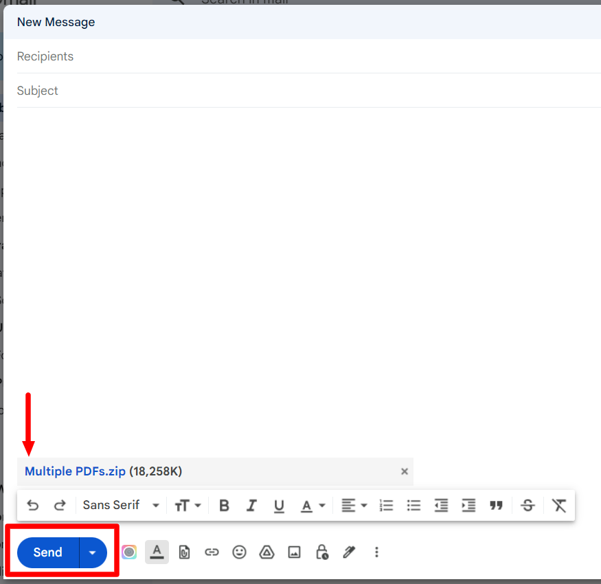 A Gmail draft with Multiple PDFs.zip attached and the Send button highlighted.