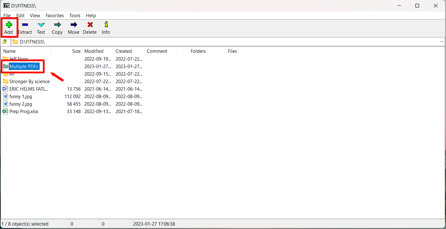 A Multiple PDFs folder selected in 7-Zip, with the Add button highlighted.