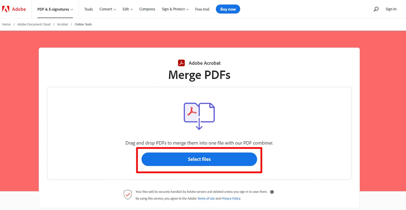 Adobe Acrobat's Merge PDFs page with Select files highlighted.