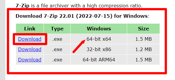 The 64-bit x64 Windows download link on the 7-Zip website is highlighted.