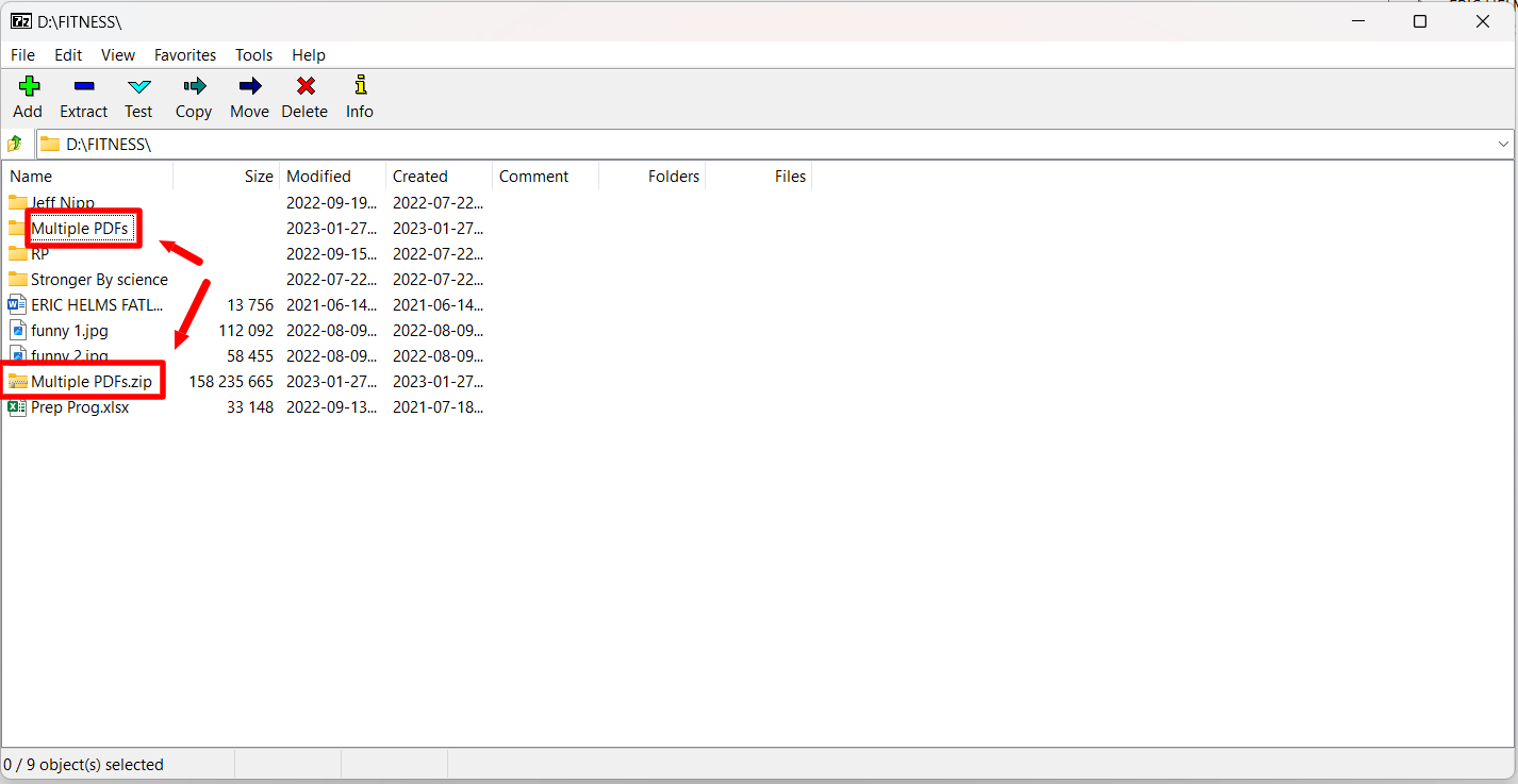 The original Multiple PDFs folder and the newly created Multiple PDFs.zip file.