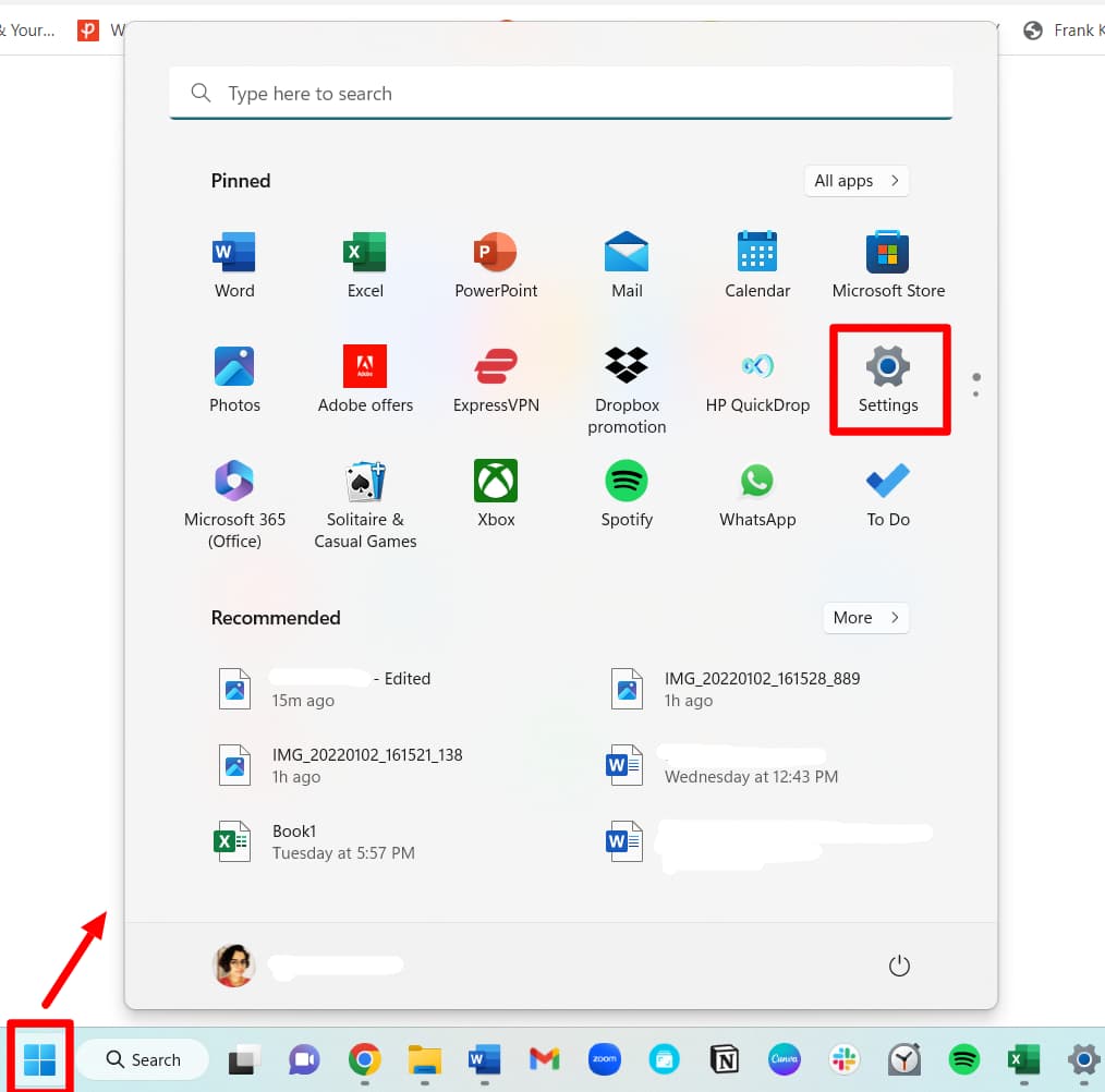 The Windows Start menu with Settings highlighted.
