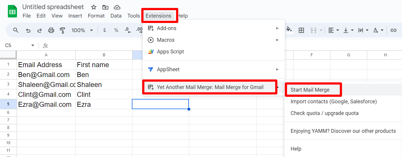 Google Sheets Extensions menu with YAMM Start Mail Merge highlighted.