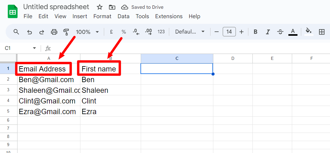Google Sheets recipient list with Email Address and First name column headings highlighted.