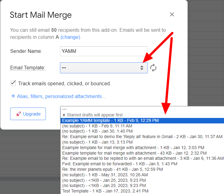 YAMM Start Mail Merge dialog with a draft selected from the email-template dropdown.