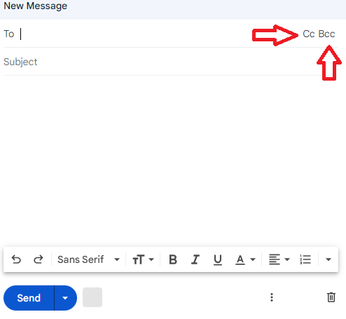 Gmail compose window with the Cc and Bcc links indicated.