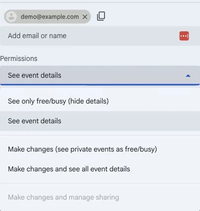 Google Calendar sharing permissions for demo@example.com, with Make changes and manage sharing disabled.