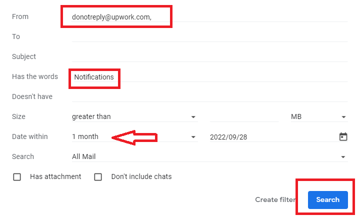 Gmail advanced search using a sender address, Notifications keyword, and one-month date range.