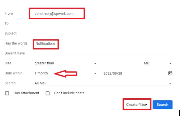 Gmail advanced search with sender and keyword criteria and Create filter highlighted.