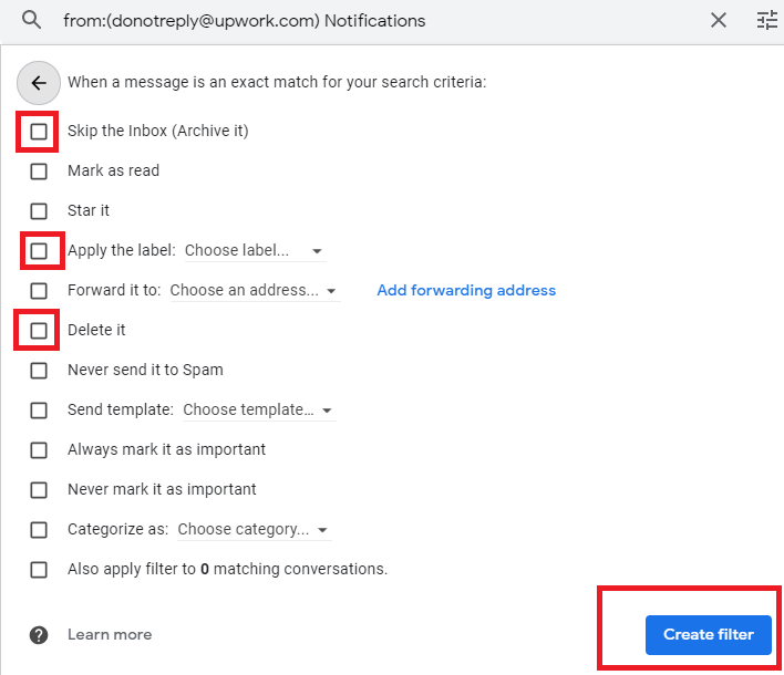 Gmail filter-action dialog with Skip the Inbox, Apply the label, Delete it, and Create filter indicated.
