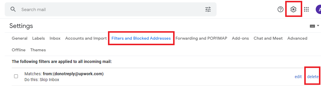 Gmail Filters and Blocked Addresses settings with a filter's delete link highlighted.