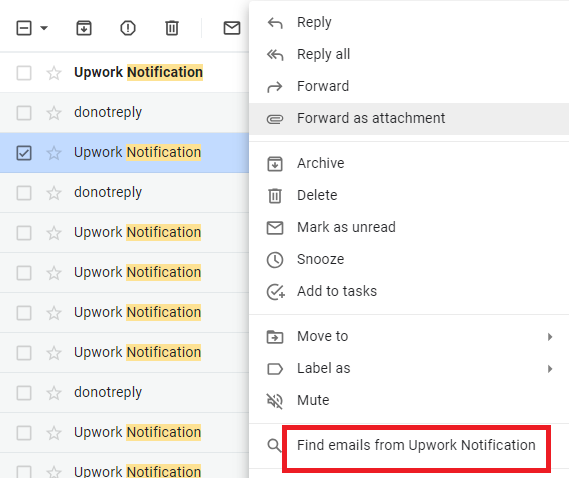 Gmail message context menu with Find emails from this sender highlighted.