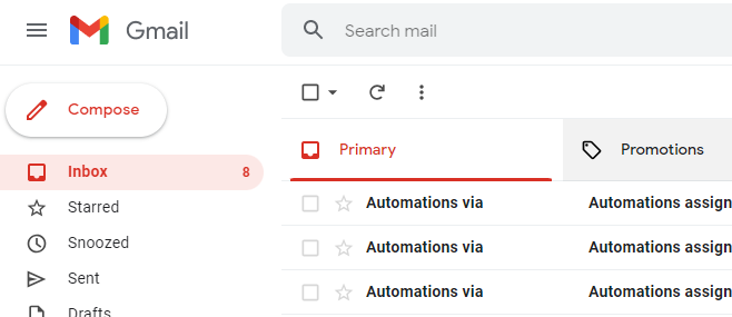 Gmail Primary inbox with several unread messages.
