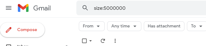 Gmail search bar containing size:5000000.