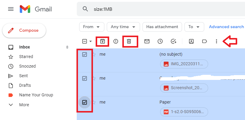 Gmail size-search results with messages selected and bulk-action controls highlighted.