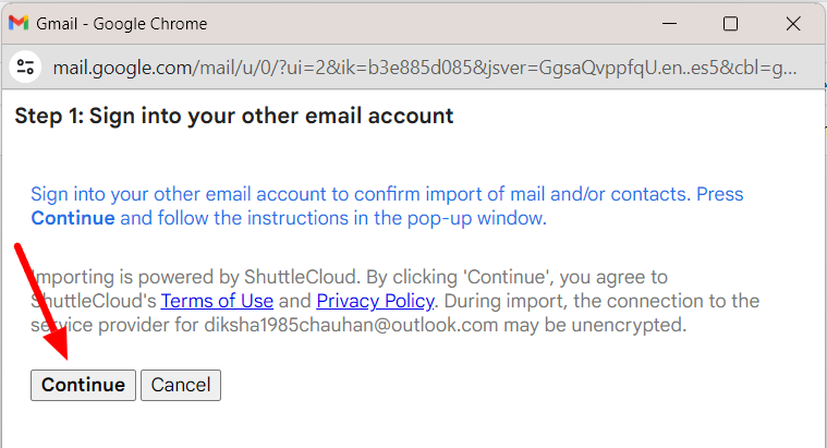 Gmail import dialog prompting sign-in to the other email account.