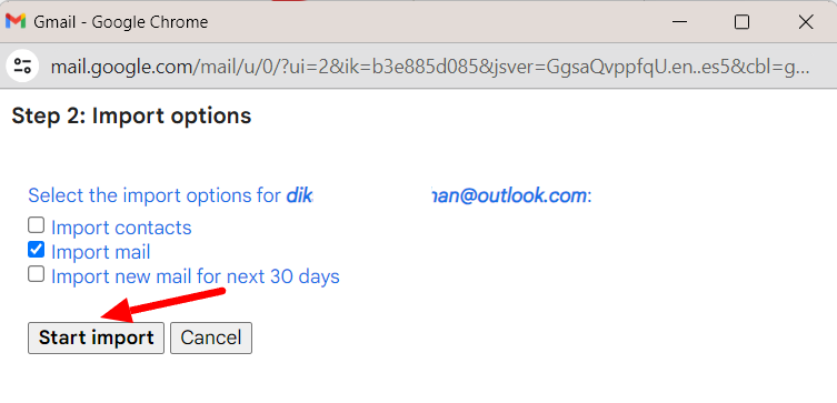 Gmail import options with Import mail selected and Start import highlighted.