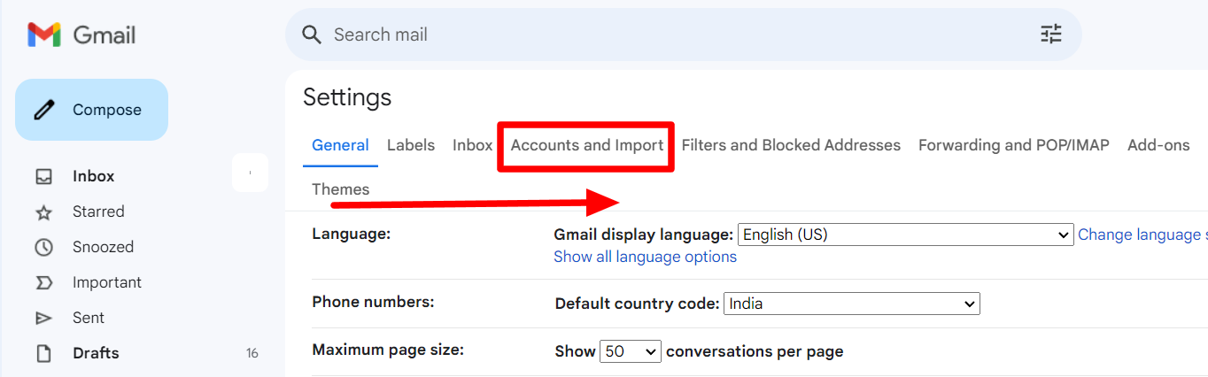 Gmail Settings with Accounts and Import highlighted.