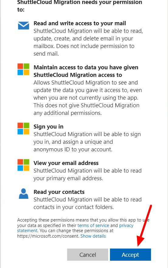 ShuttleCloud Migration permissions screen with Accept highlighted.
