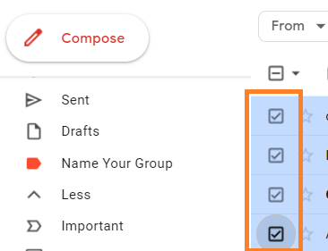 Gmail message list with several checkboxes selected.