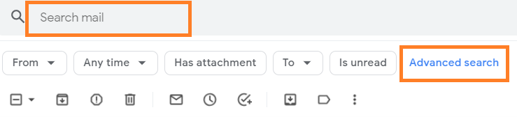 Gmail search bar and Advanced search link highlighted.
