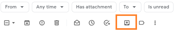 Gmail toolbar with the Move to inbox icon highlighted.