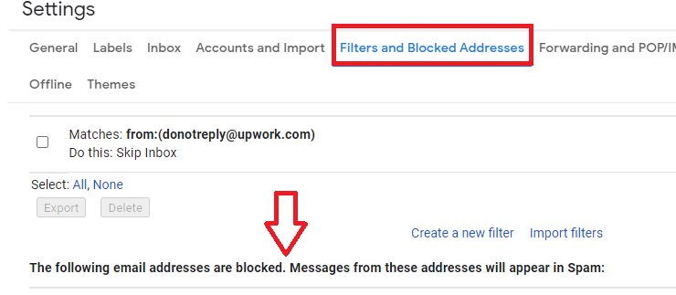 Gmail Filters and Blocked Addresses settings showing the blocked-addresses section.