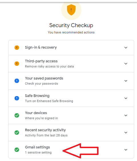 Google Security Checkup with Gmail settings indicated.