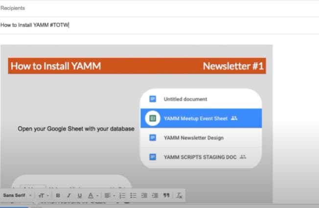 Gmail draft containing the formatted YAMM newsletter.