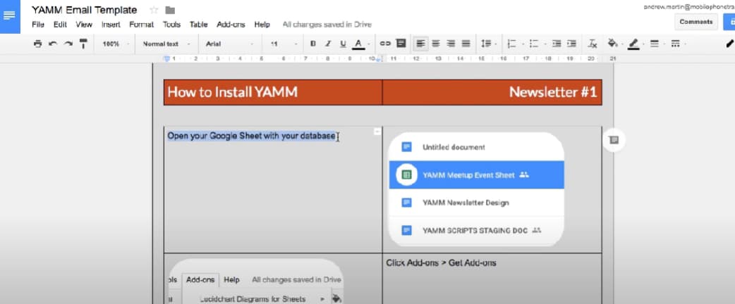 Google Docs newsletter with a How to Install YAMM header and linked spreadsheet.